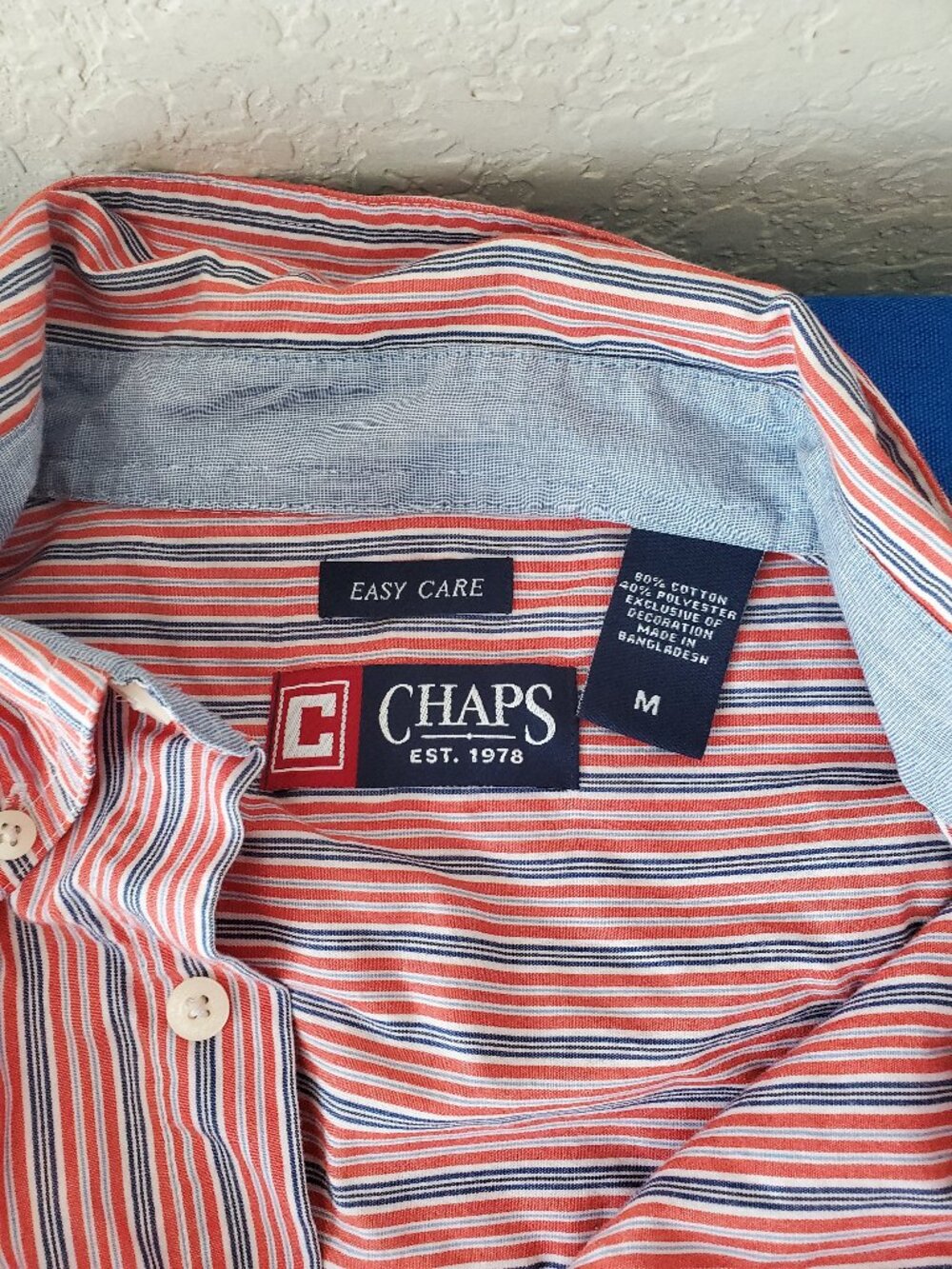 Chaps Easy Care Striped Button Down Shirt Men's Medium Red Blue - Picture 4 of 6